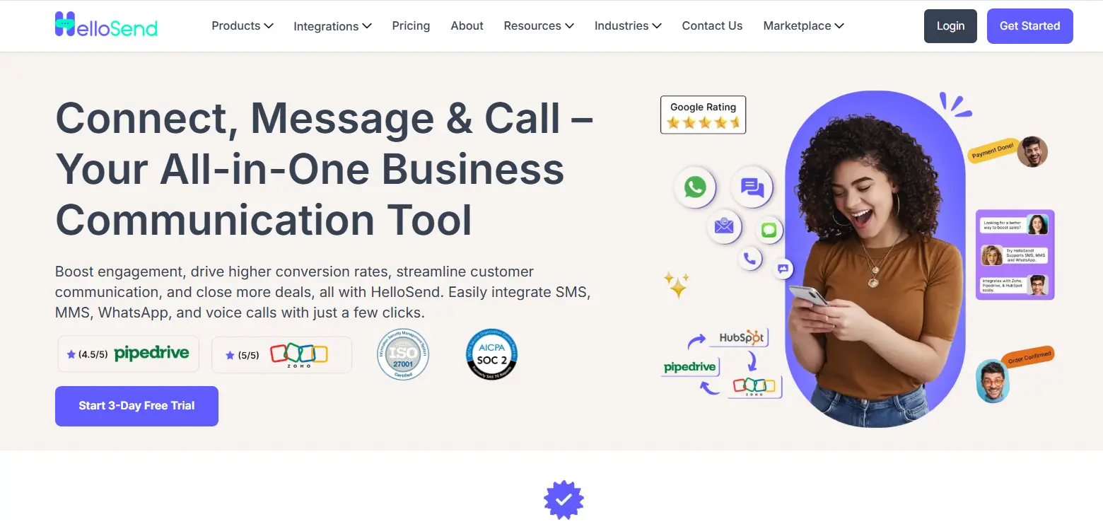 an image showing hellosend homepage details
