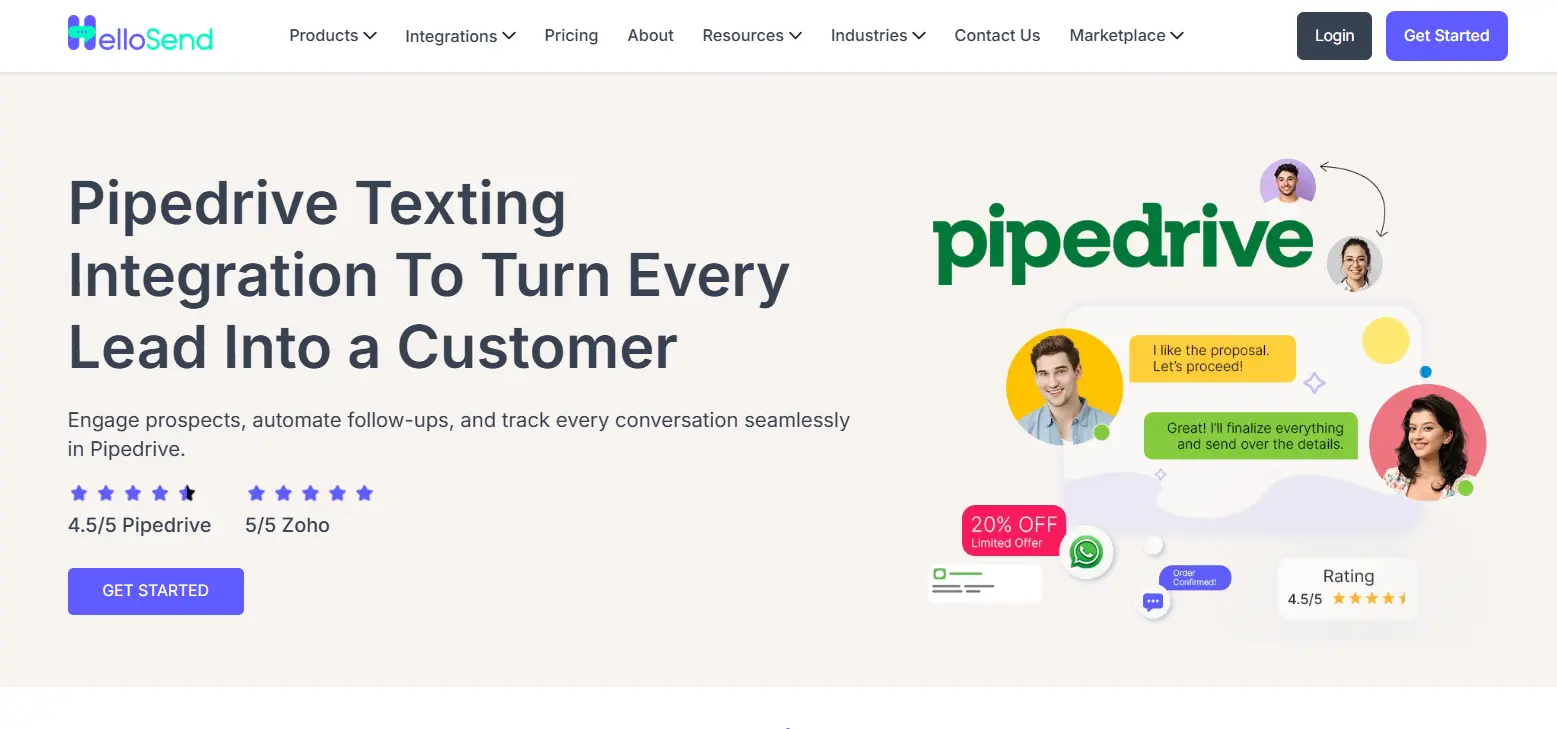 an image showing hellosend tool pipedrive integration page details
