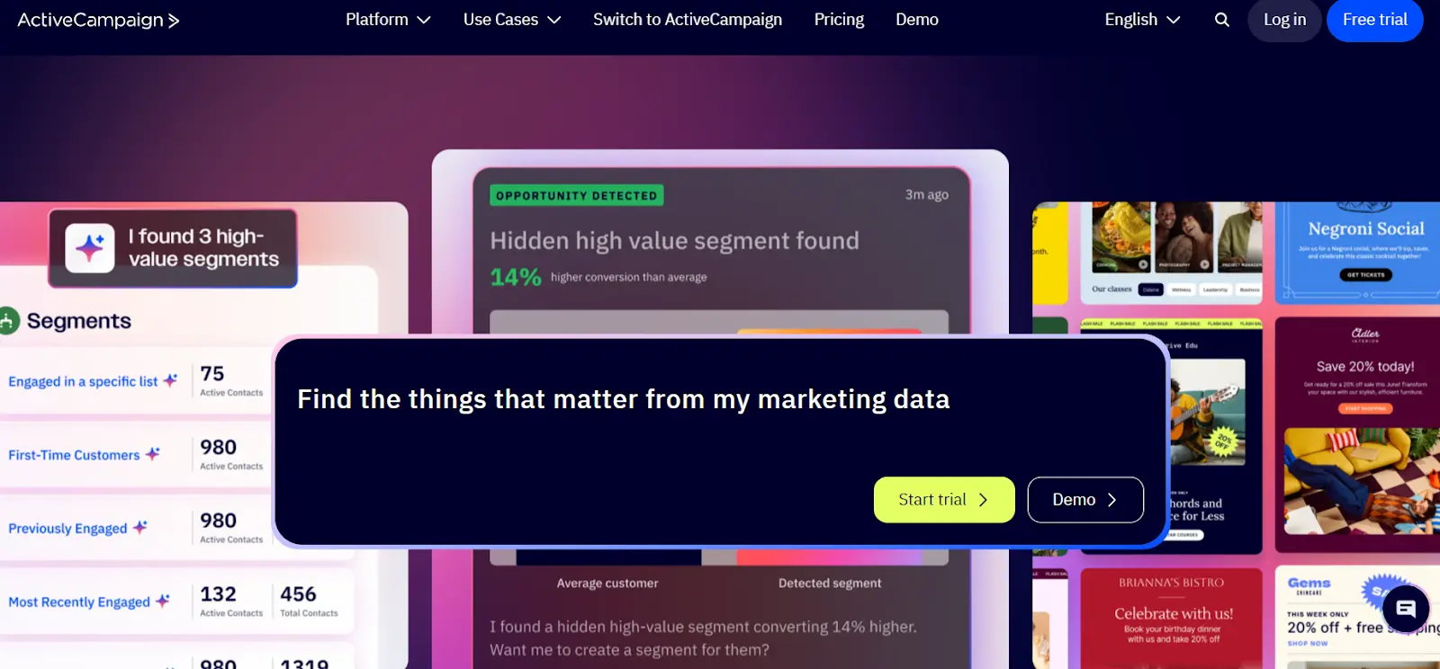 an image showing ActiveCampaign homepage details