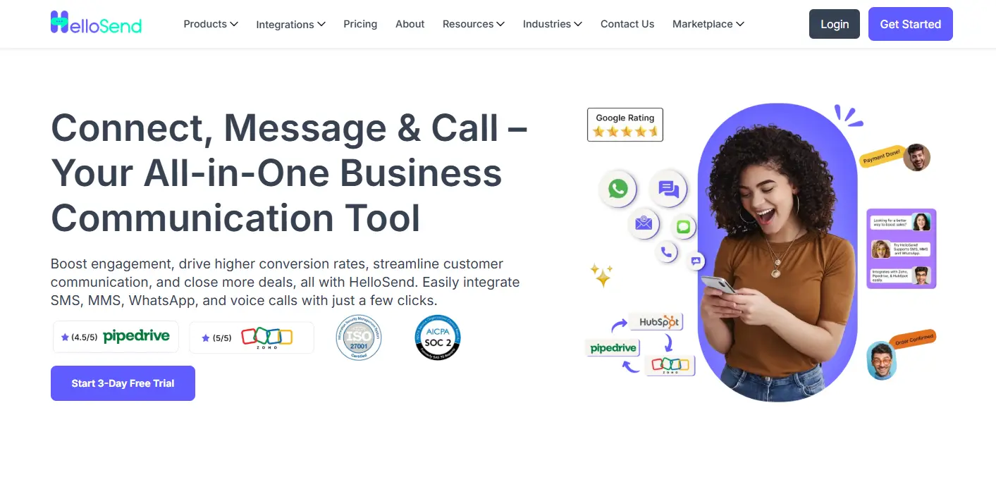 an image showing hellosend homepage details 