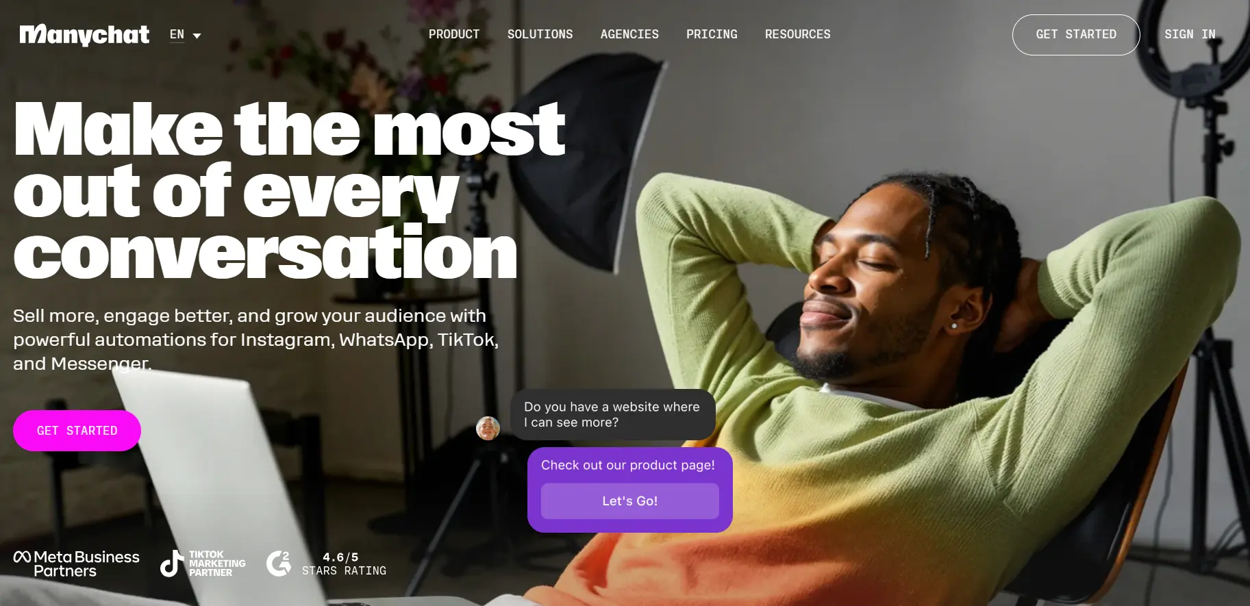 an image showing ManyChat homepage details