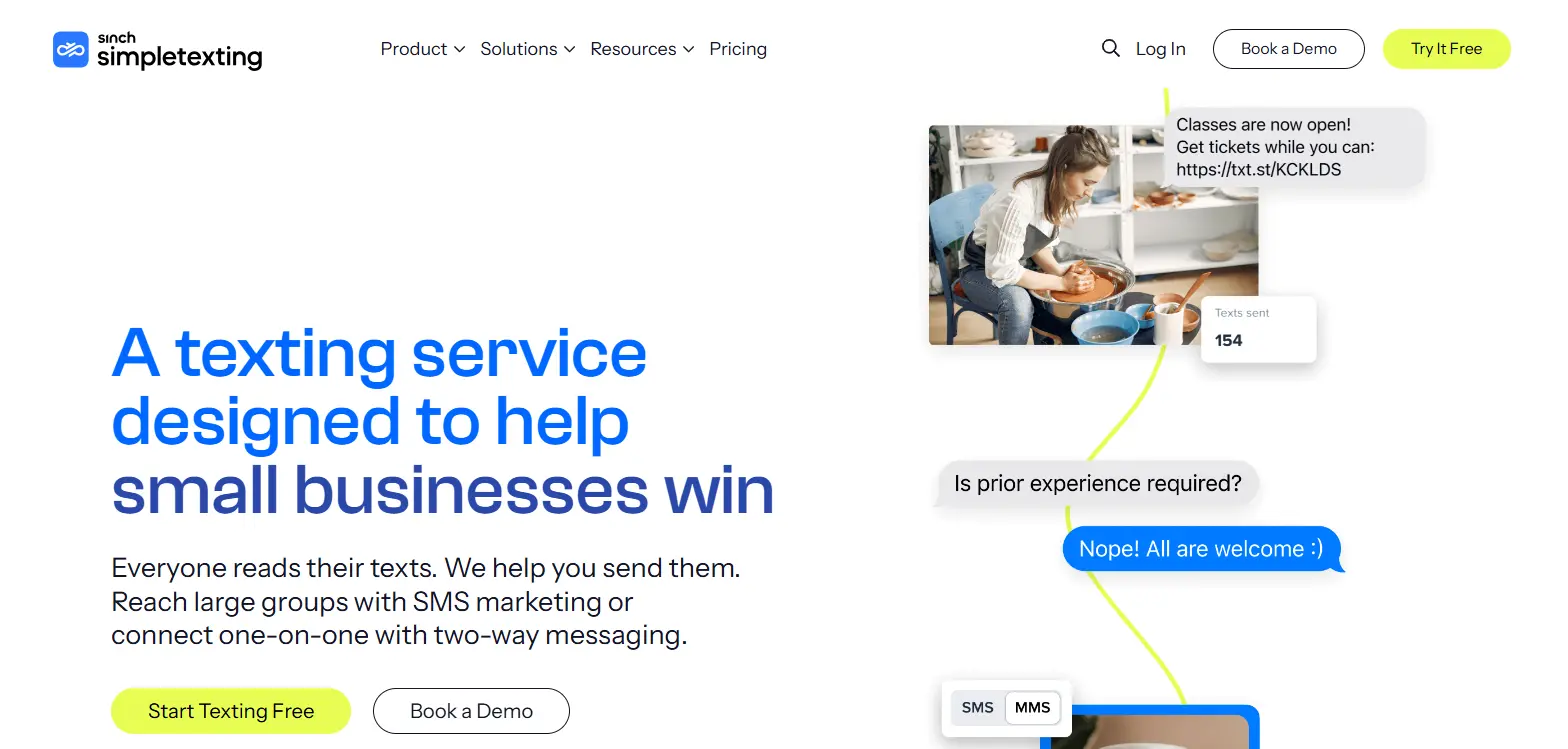 an image showing SimpleTexting homepage details.
