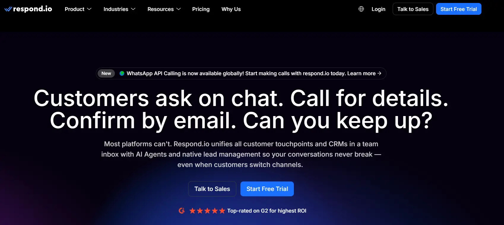 an image showing Respond.io homepage details