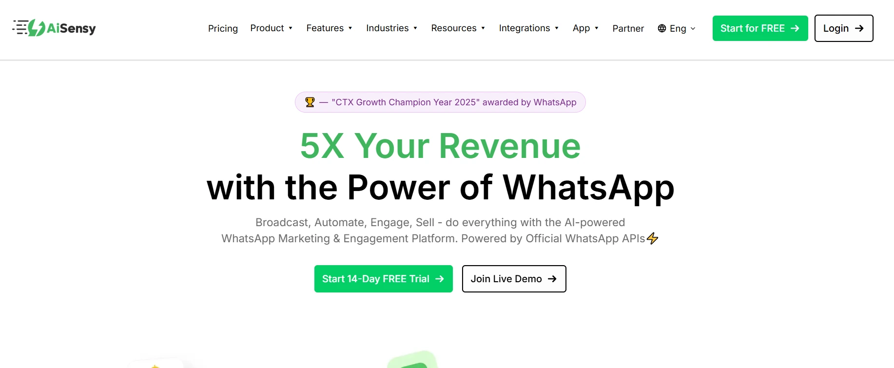 an image showing AiSensy homepage details