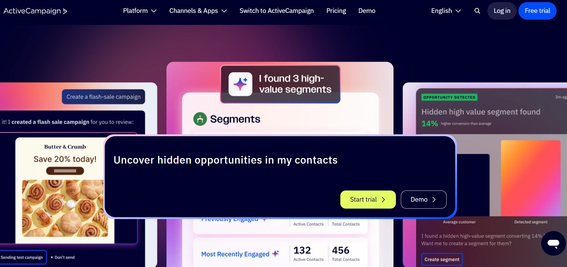 an image showing ActiveCampaign homepage details