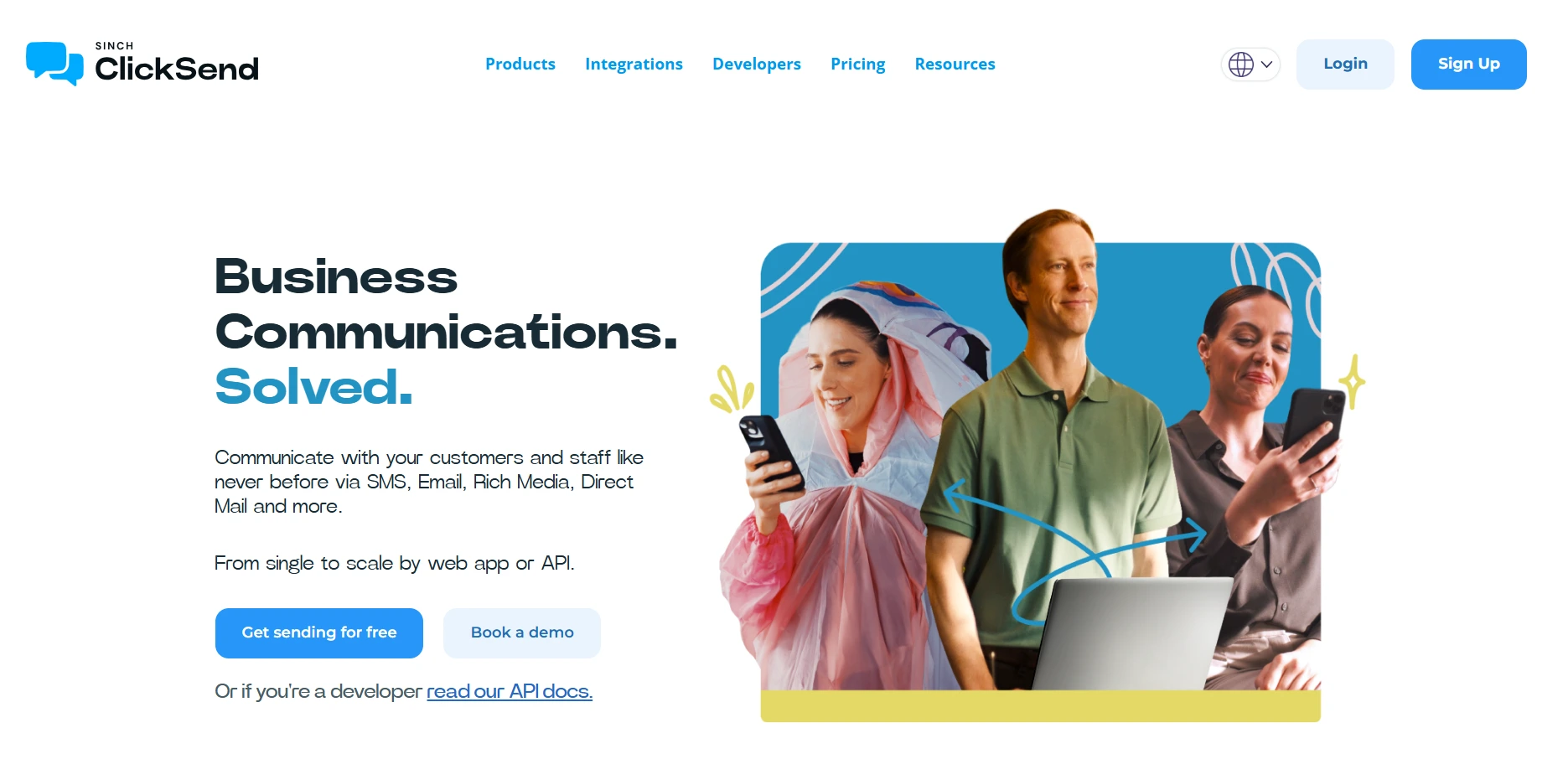Image shows the homepage of ClickSend