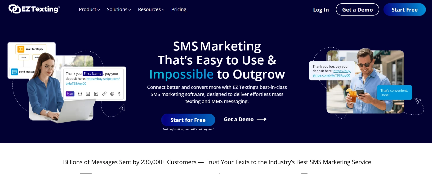 Image shows the homepage of EZ Texting