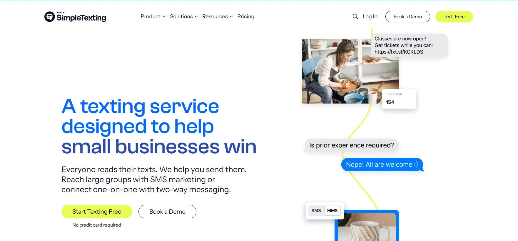 Image shows the homepage of SimpleTexting