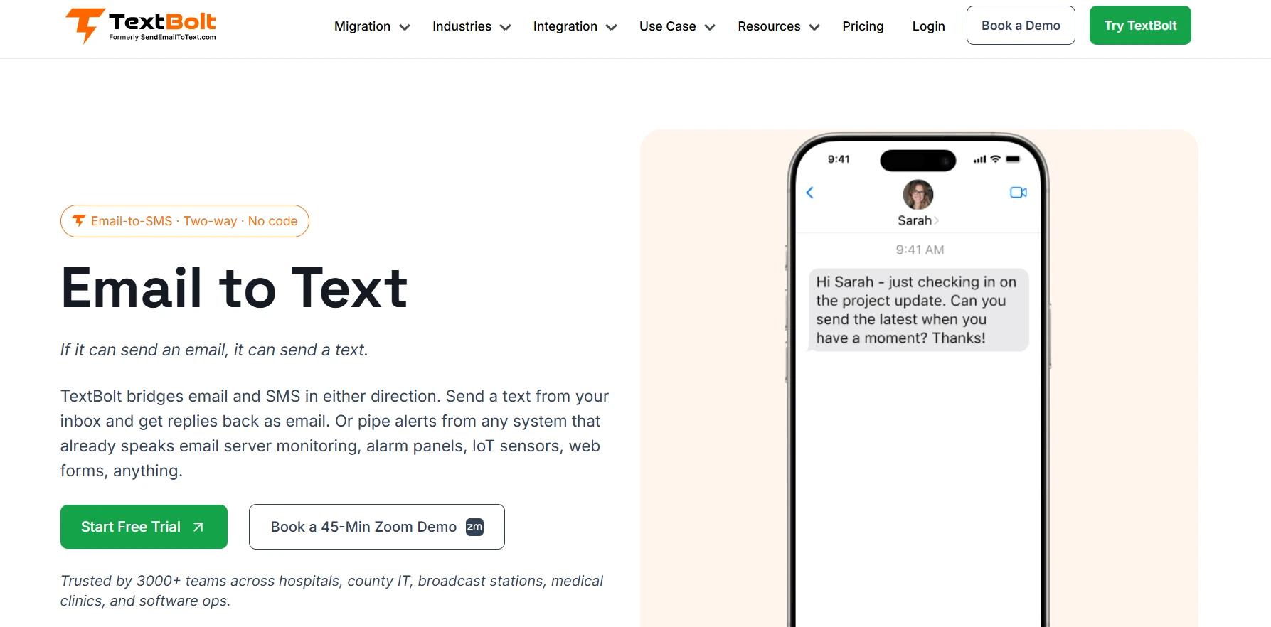 Image shows the homepage of TextBolt