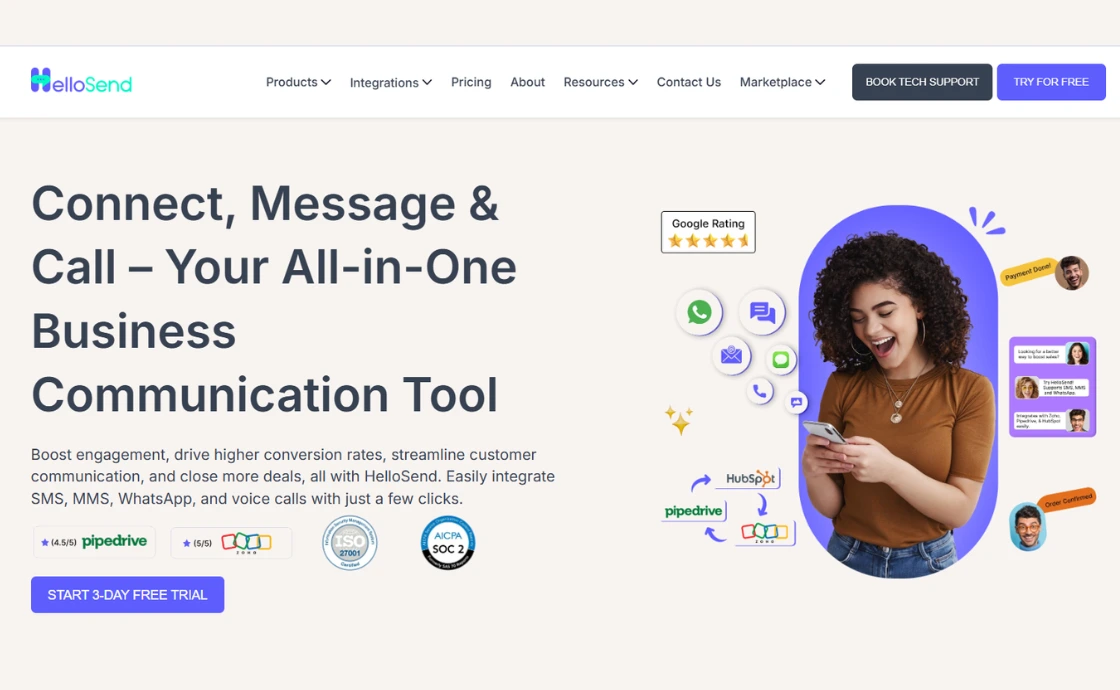 Image shows hellosend homepage