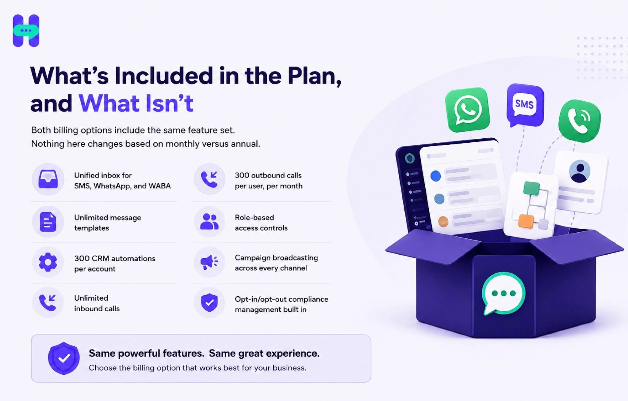 Image shows the features included in Hellosend pricing plans.