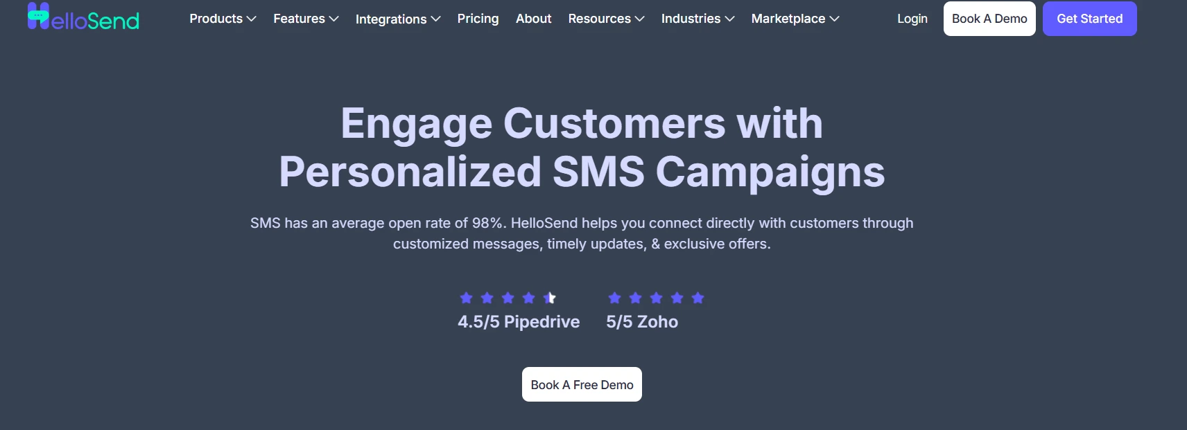 Image shows the SMS marketing page of HelloSend