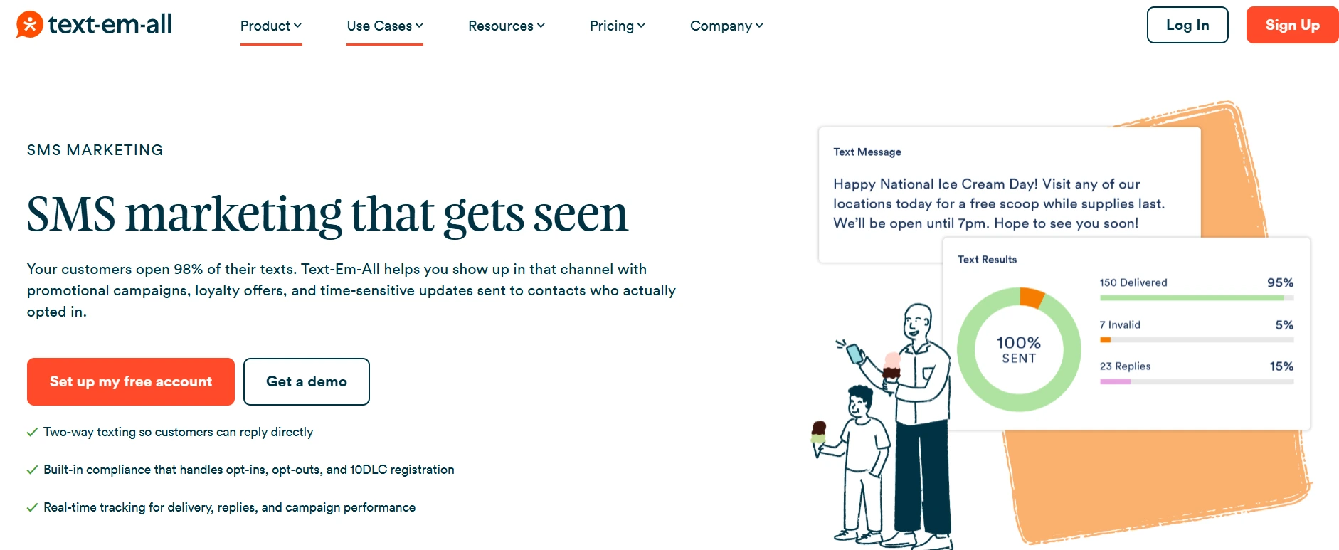 Image shows the SMS marketing page of Text-Em-All