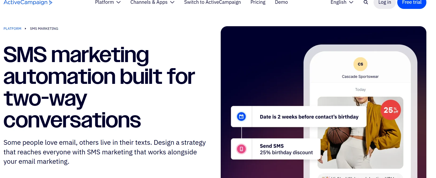 Image shows ActiveCampaign SMS marketing page