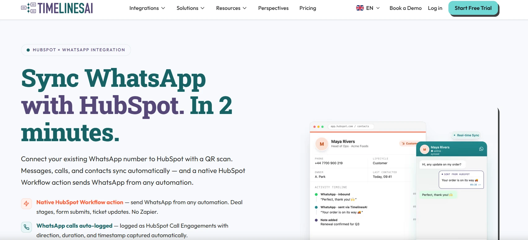 timeliness WhatsApp HubSpot integration page
