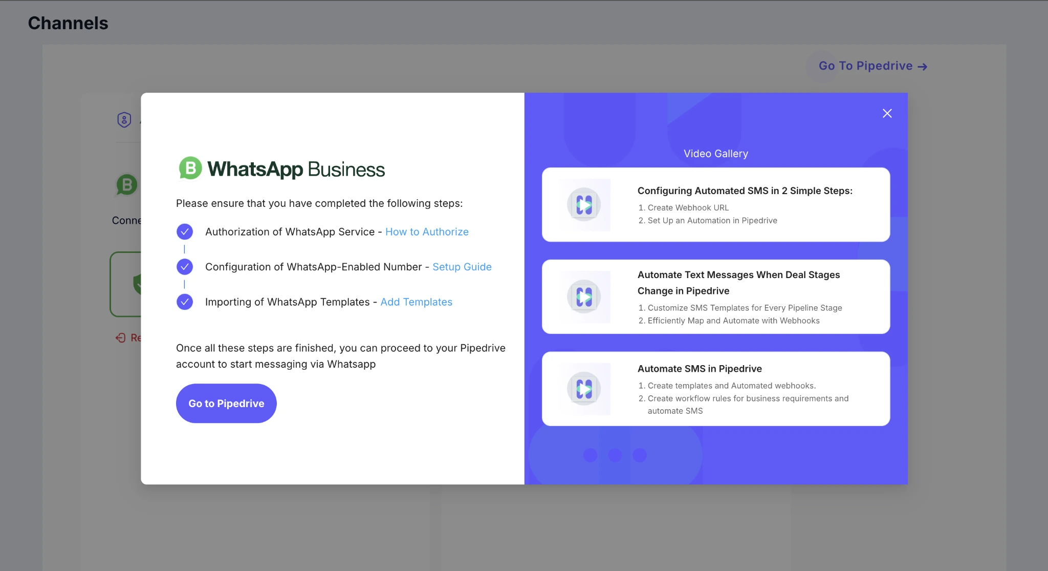 Page showing Whatsapp Hellosend integration