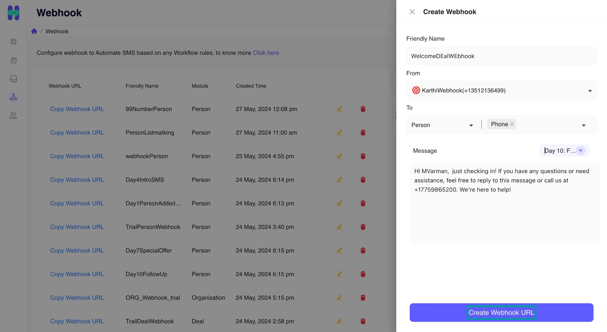 Page shows how to create a webhook for created template
