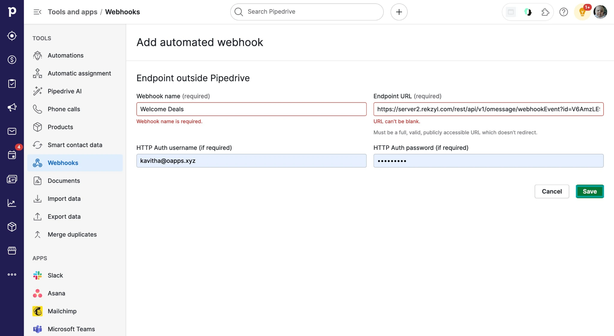 Page shows how to create an automated webhook in Pipedrive