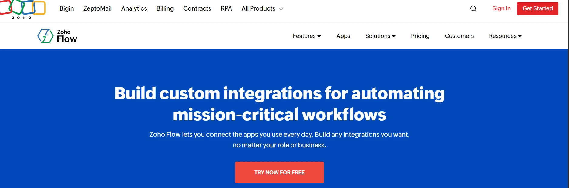 Homepage of Zoho Flow