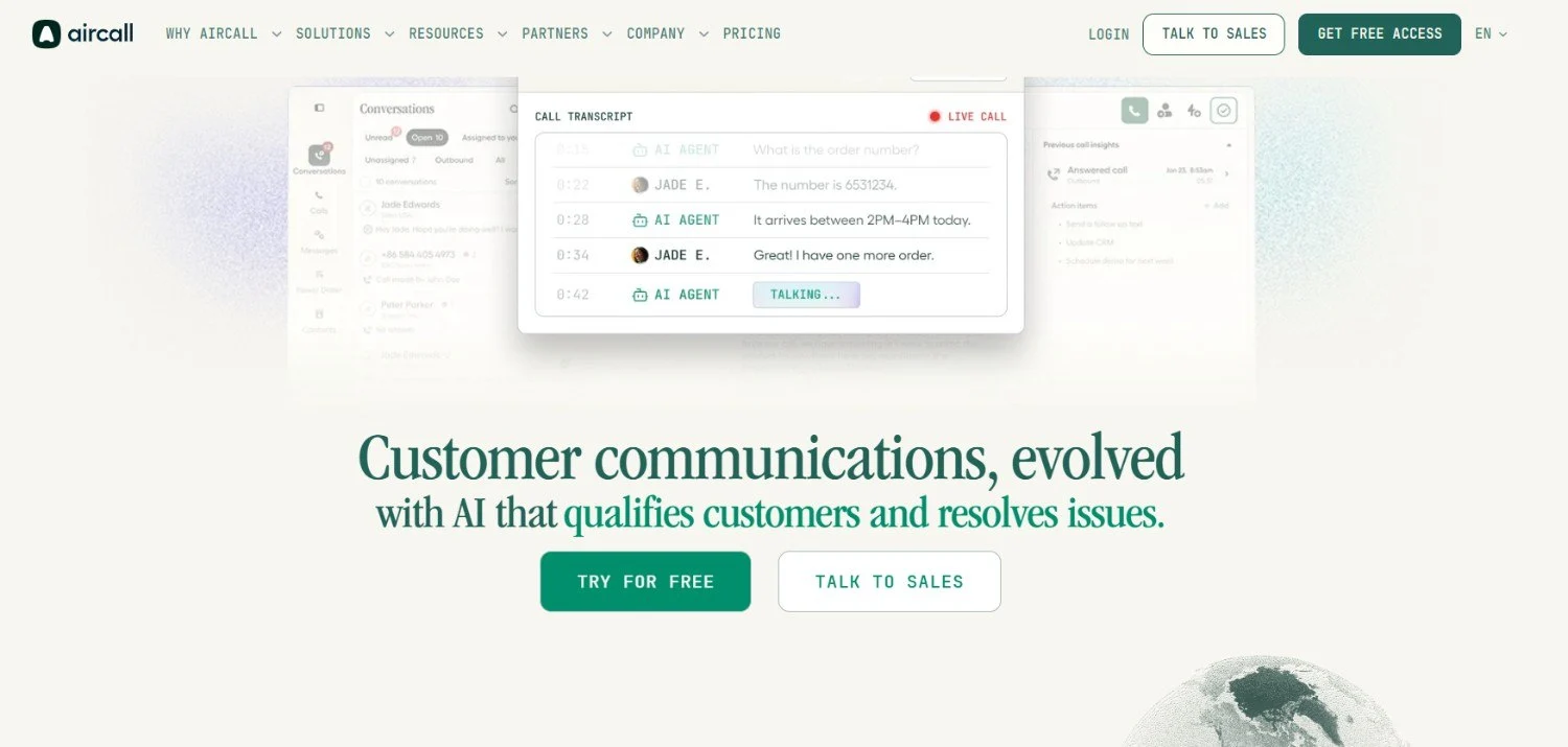 an image showing Aircall homepage details