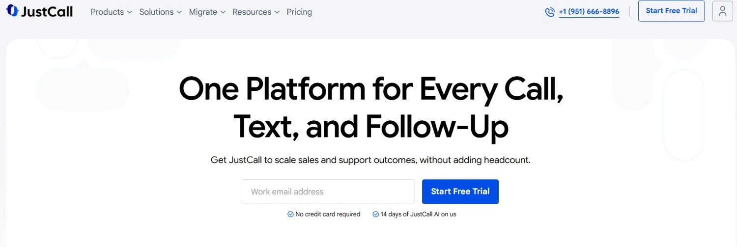 an image showing JustCall homepage details