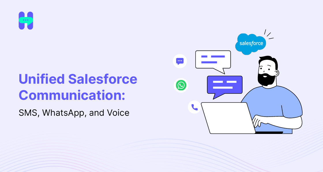 SMS, WhatsApp, and voice call threads converging into a single Salesforce customer record, illustrating unified Salesforce messaging 