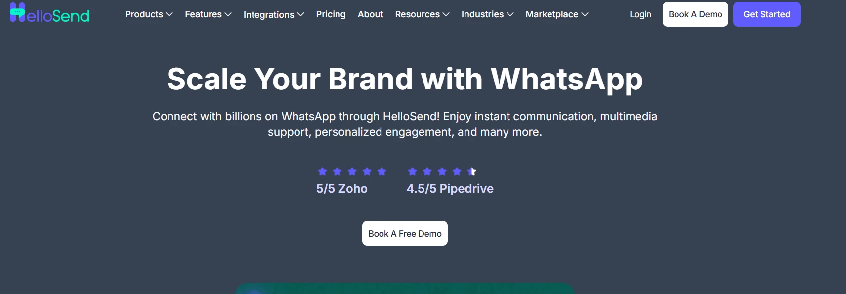Image shows Hellosend’s whatsapp marketing product page