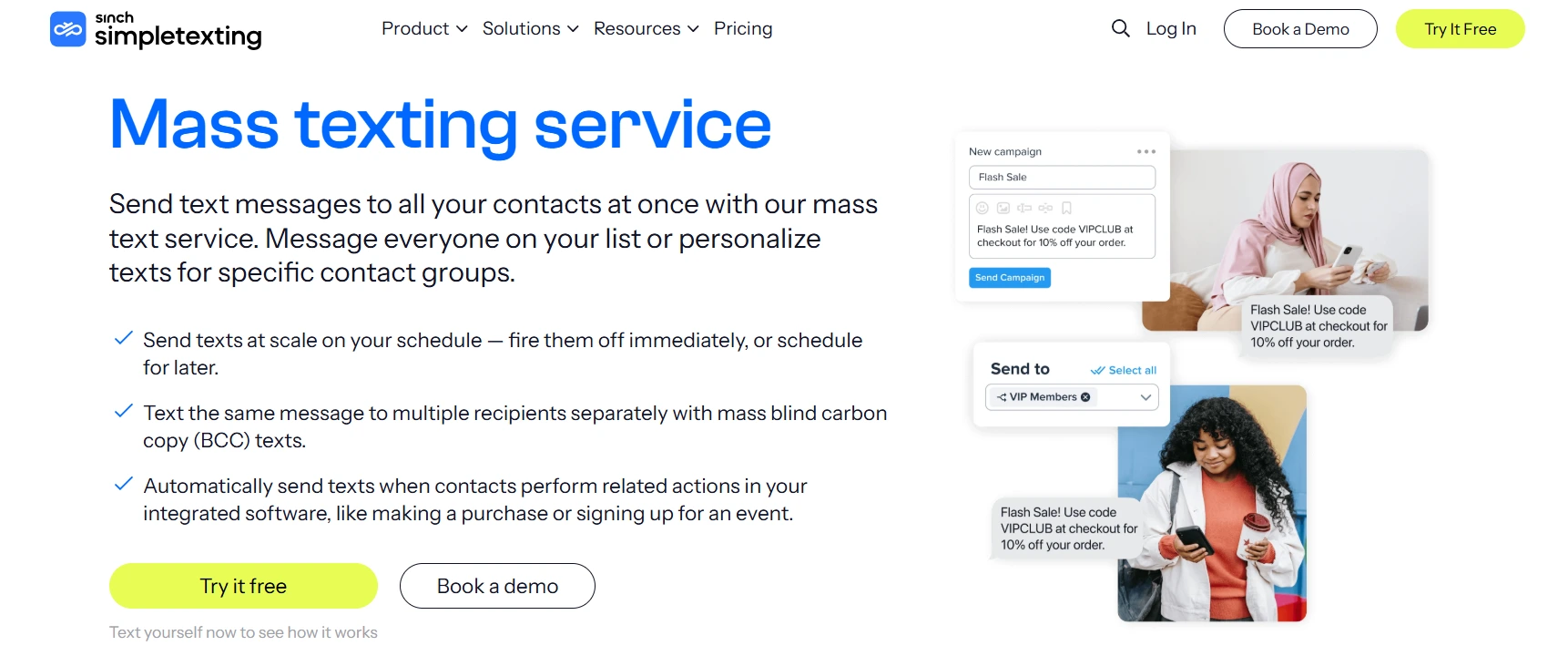 an image showing simpletexting mass texting service page