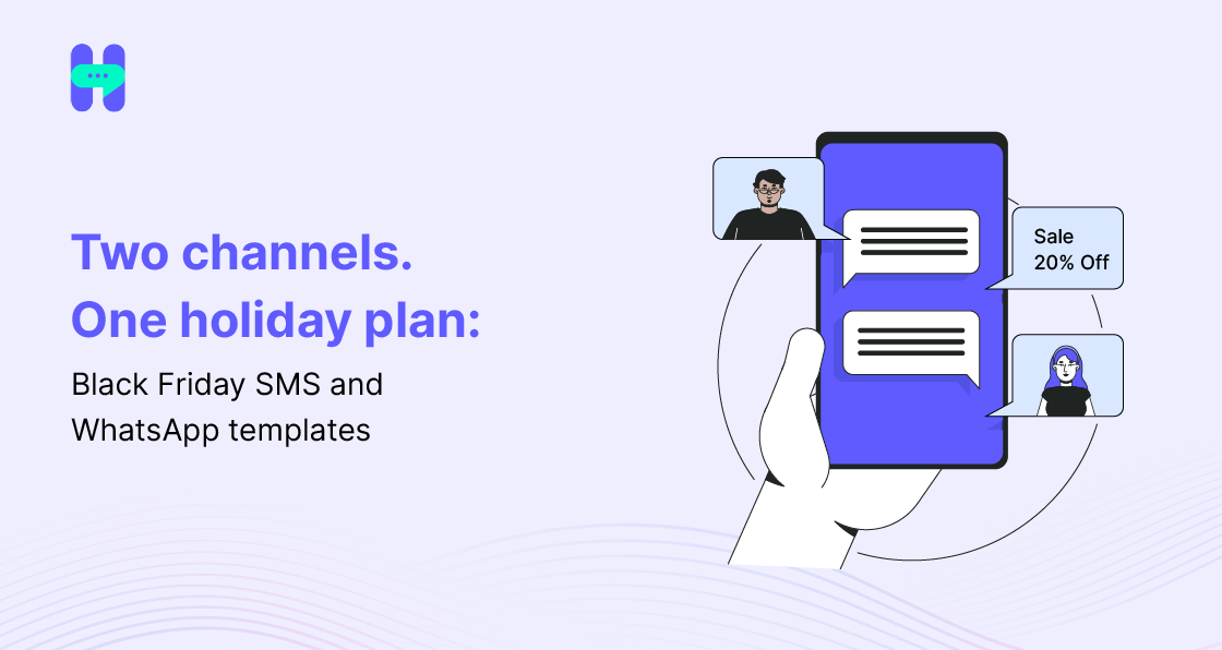 Black Friday SMS template banner showing overlapping SMS and WhatsApp speech bubbles beside the headline "Two channels. One holiday plan.