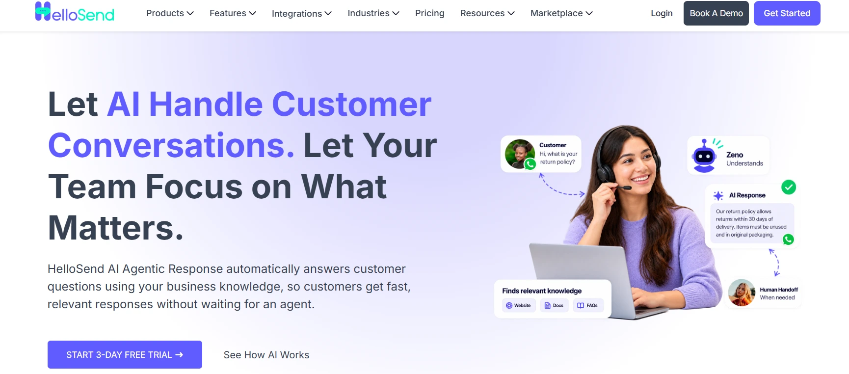 Hellosend AI agentic response feature page