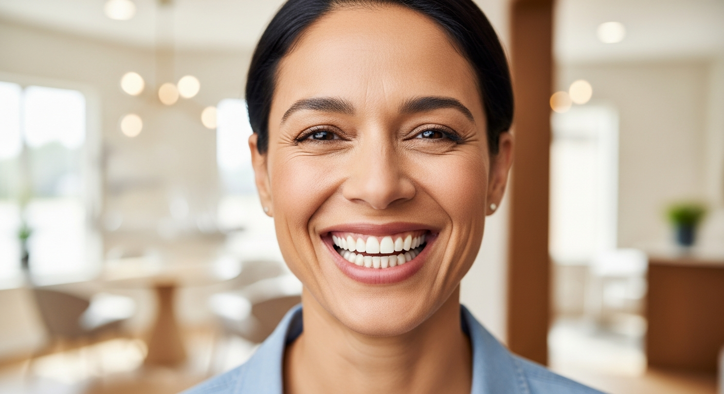 A bright, professional close-up shot of a diverse individual (mid-30s to early 40s, looking confident and healthy) smiling widely, showcasing perfectly natural-looking dental implants (or beautifully restored teeth if implants are not visibly distinct). The focus is on their radiant, genuine smile and the health of their teeth and gums. The background is a softly blurred, modern, inviting dental spa interior with warm, clean aesthetics, hinting at comfort and professionalism. Soft, flattering studio lighting. High resolution and realistic, emphasizing the transformation and confidence gained from restorative dentistry.
