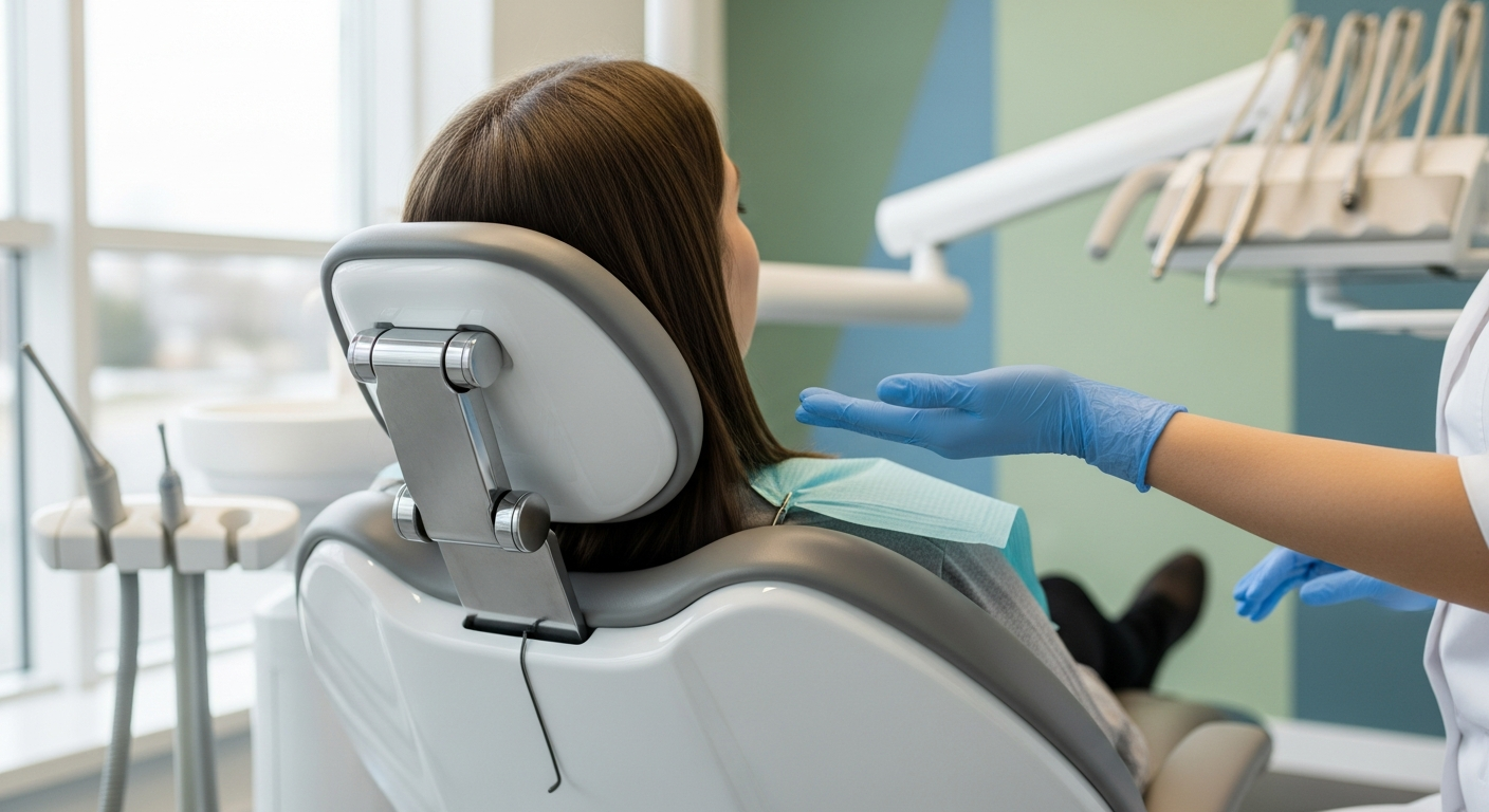 Close-up of a patient comfortably reclining in a modern, brightly lit dental chair, with a gentle dentist's hand showing a calm, reassuring gesture. Soft, spa-like atmosphere in the background with muted greens and blues. Focus on comfort and advanced technology, without showing explicit dental tools or open mouths. Represents relief and high-quality care.