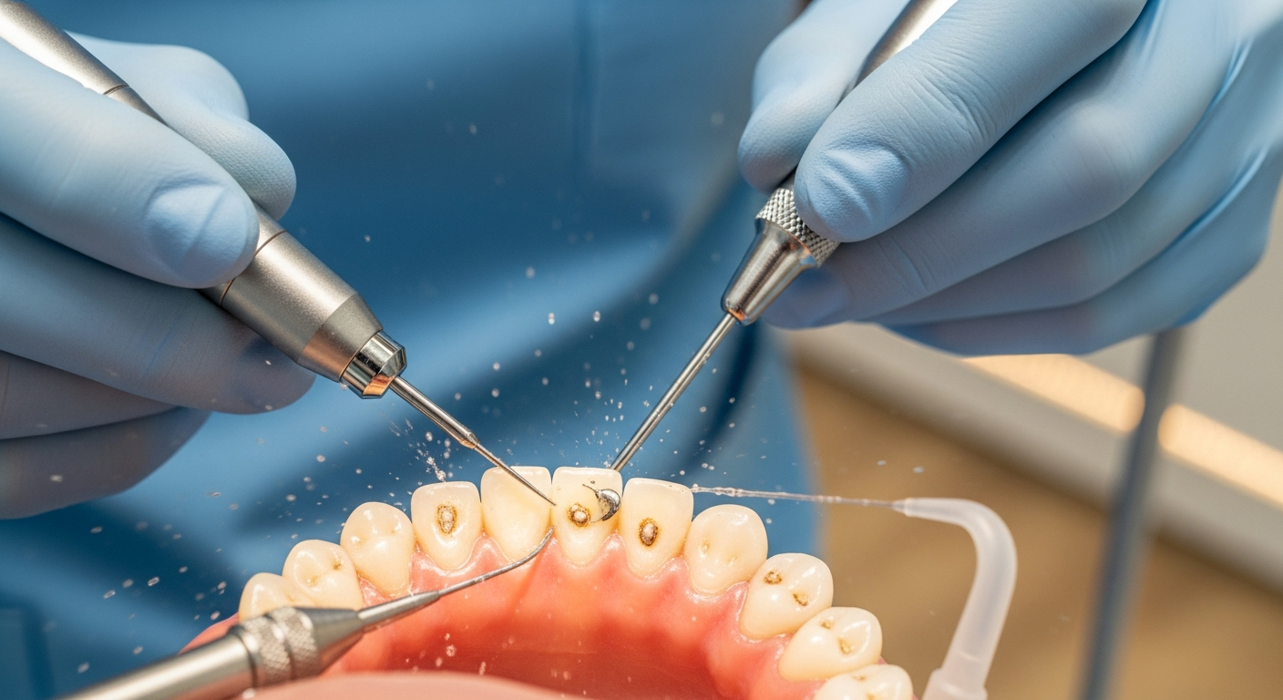 Close-up image of a dentist's hands performing a dental scaling procedure on a patient's teeth and gums. Focus on the tools and the clean, healthy appearance of the gums post-treatment. Bright, professional lighting, with a hint of a spa-like, comfortable dental office in the blurred background.