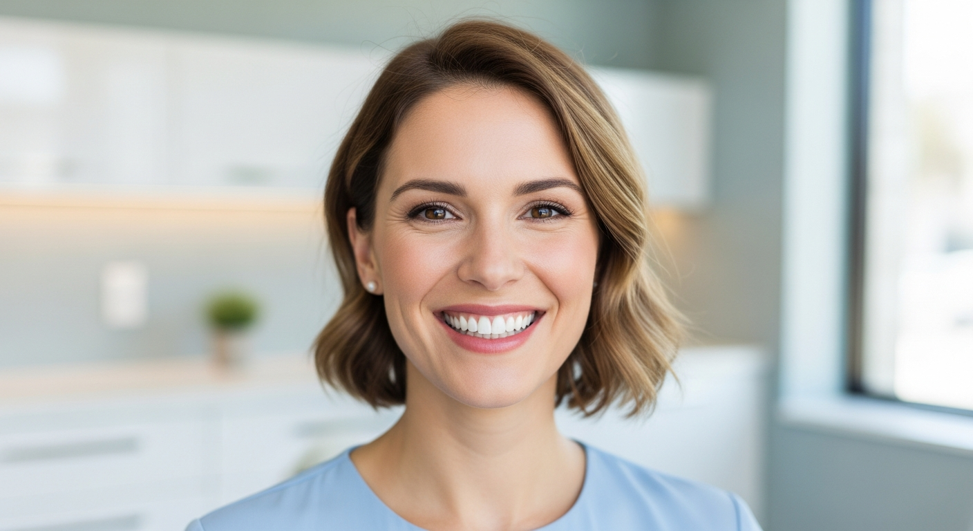 A confident woman with a radiant, perfect smile, looking directly at the camera. The background is softly blurred, hinting at a modern, bright dental spa environment.