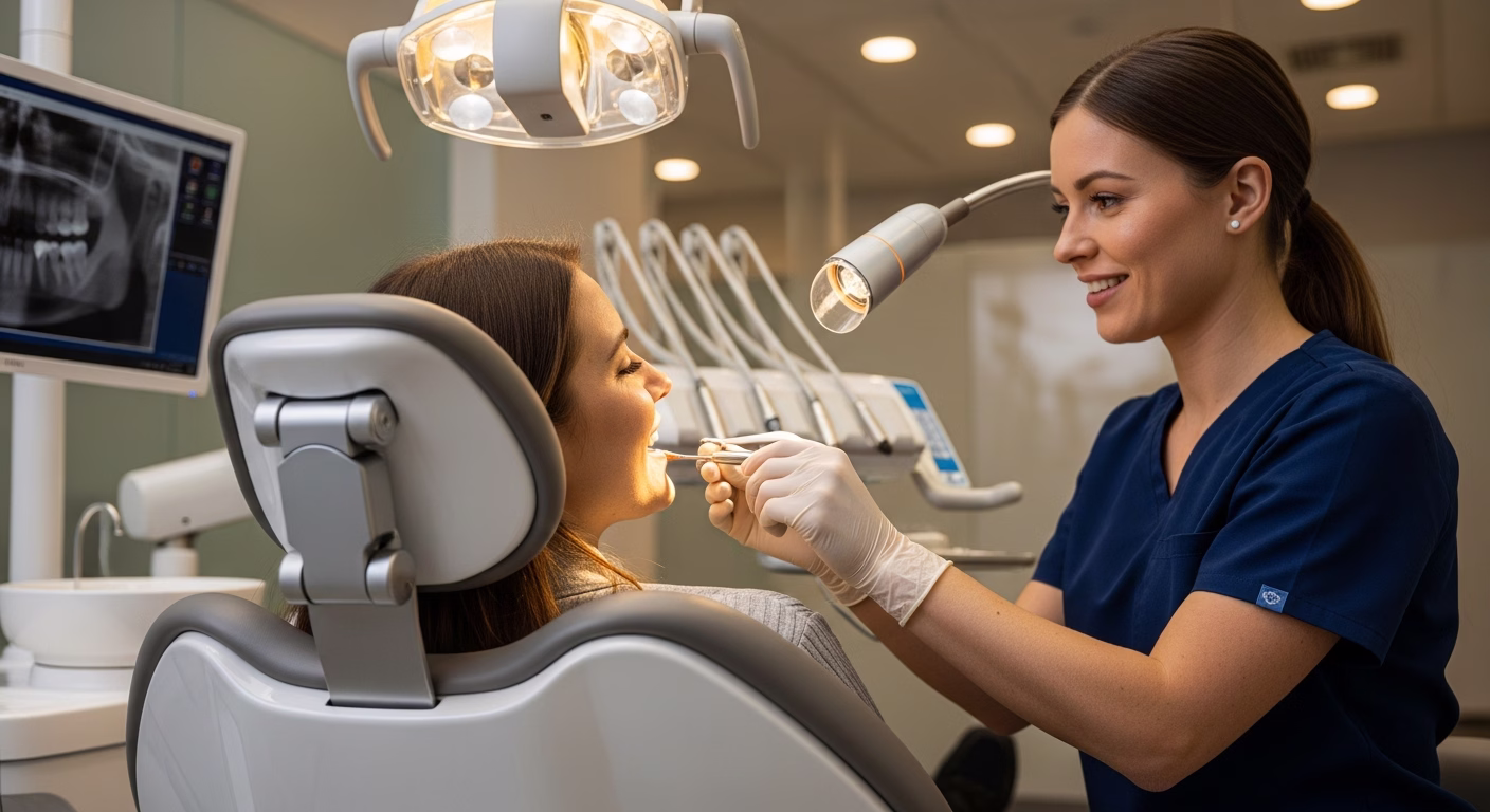 Professional and reassuring image of a patient comfortably in a modern dental chair with a dentist or assistant attending, focusing on comfort and advanced dental care. Soft, calming lighting. Represents relief and high-quality treatment.