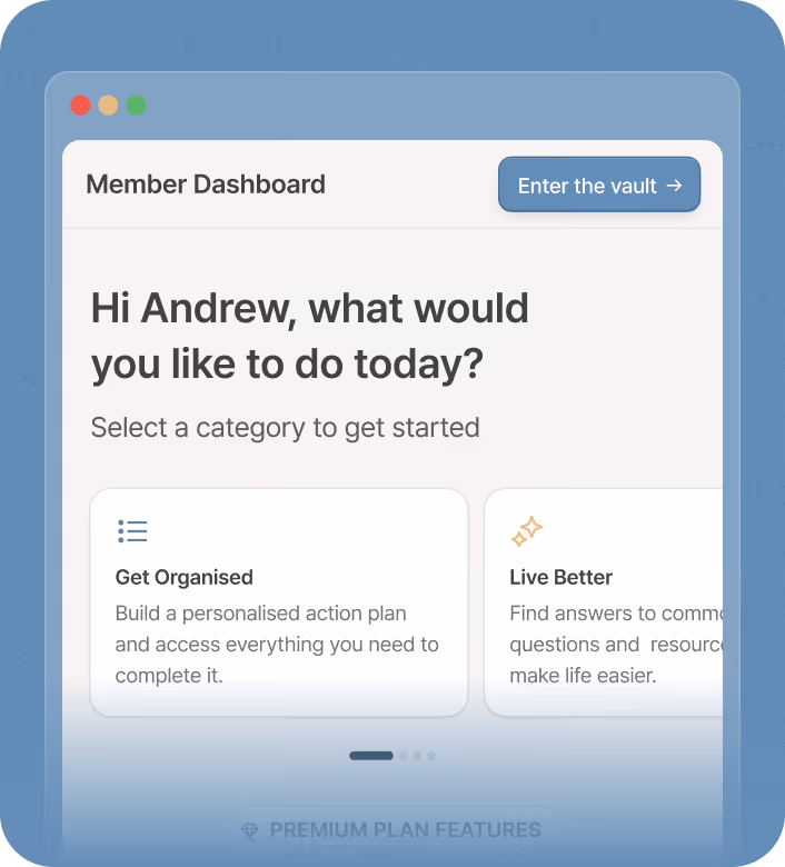 User dashboard interface showing navigation menu with options like Member Dashboard, Resource Library, Schedule a Consultation, Help, Legal Service, Vault, and more, greeting the user Andrew.