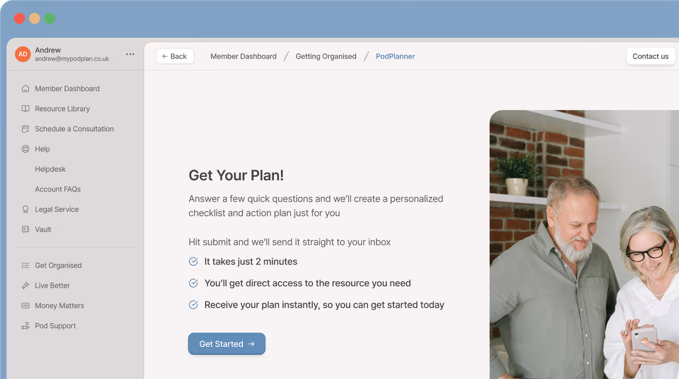 Dashboard interface with a personalized plan prompt and two people looking at a phone.