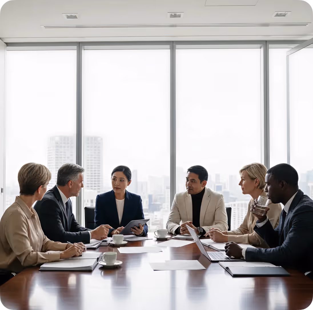 Six diverse professionals in business attire discussing around a conference table with documents, a laptop, and coffee cups in a modern office with large windows overlooking a city skyline.