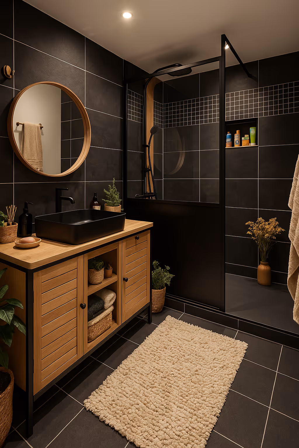 Salle bain bois et carrelage sombre tout en élégance