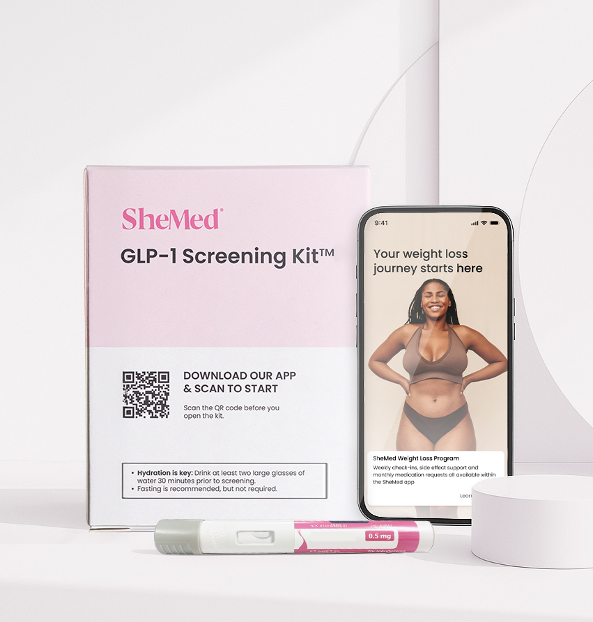 An image of the SheMed GLP-1 Screening Kit and an iPhone displaying the SheMed Weight Loss Program app.