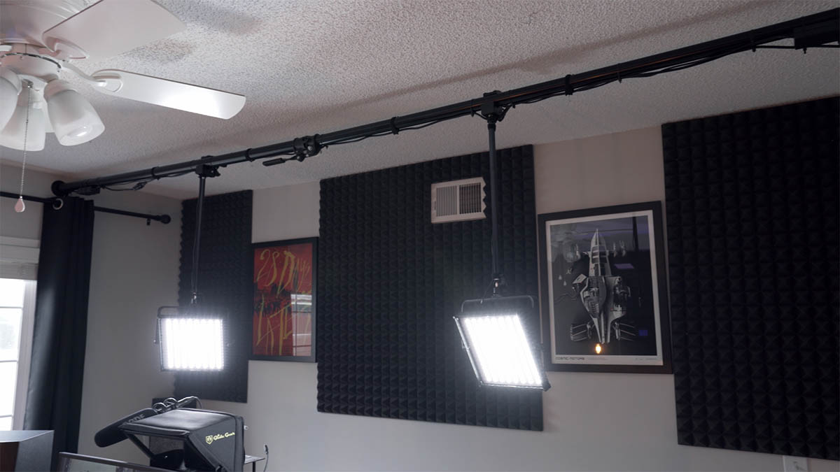 LED panels hanging from Varipole