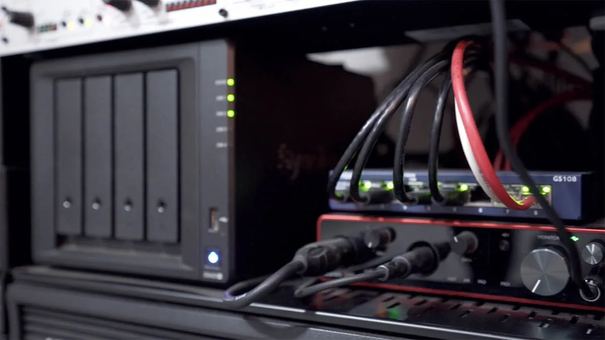 DS420+ Left, Focusrite 4i4 & Netgear Swtich Right