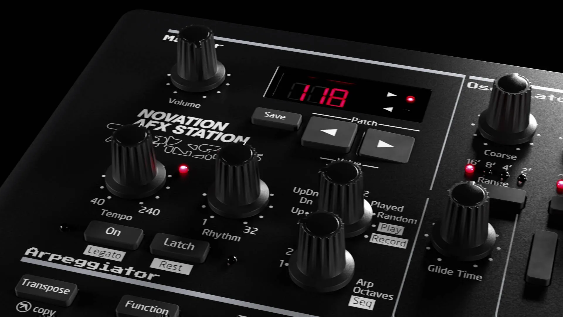 A still frame from the AFX Station product animation, showing a black synth with in dark environment with noisy, glitchy overlay effects