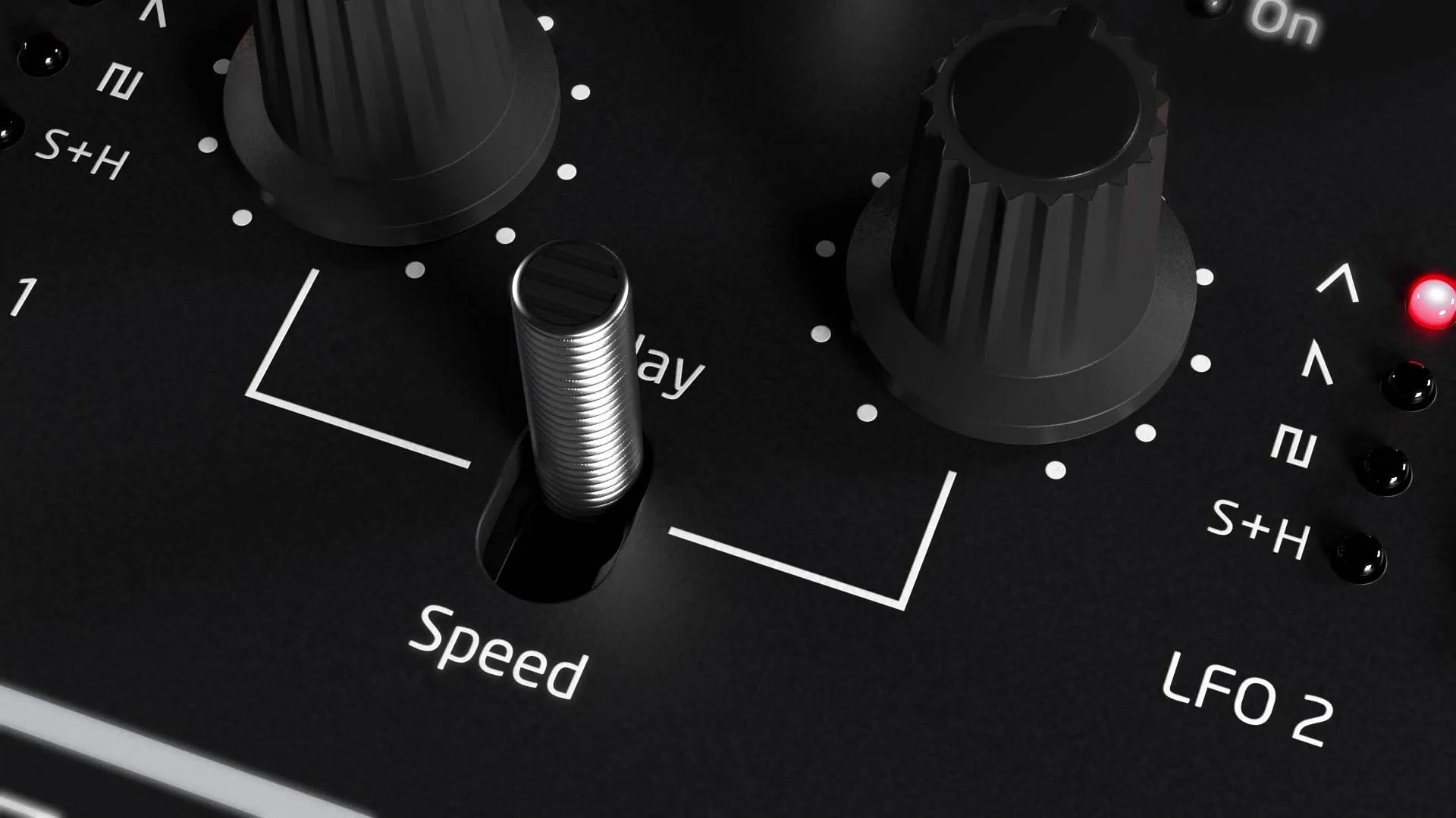 A still frame from the AFX Station product animation, showing a black synth with in dark environment with noisy, glitchy overlay effects
