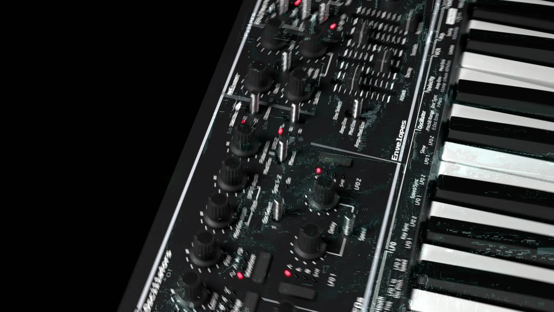 A still frame from the AFX Station product animation, showing a black synth with in dark environment with noisy, glitchy overlay effects
