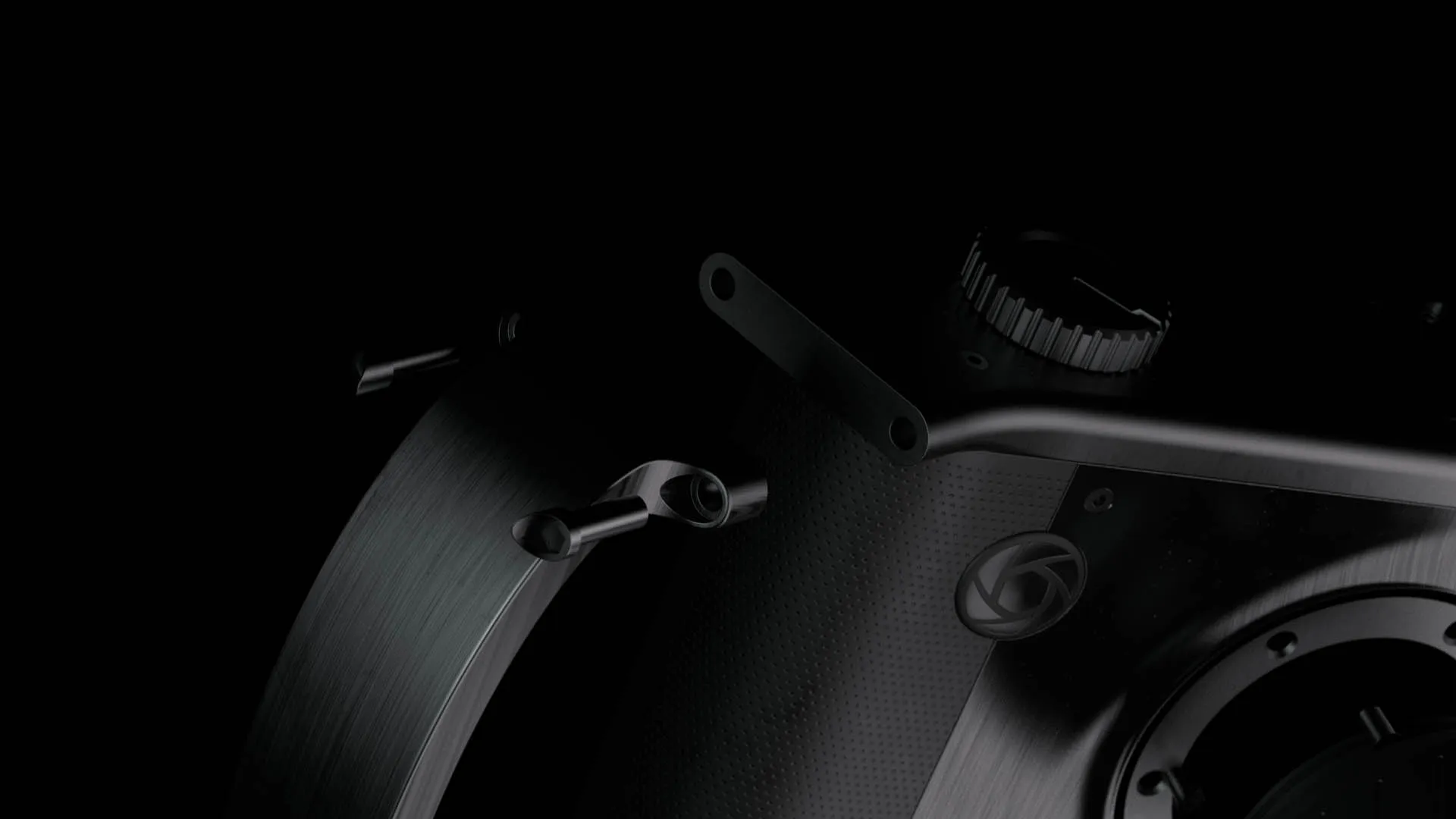 A still frame from a CGI product animation featuring a compact mirrorless camera concept with dramatic lighting in black environment