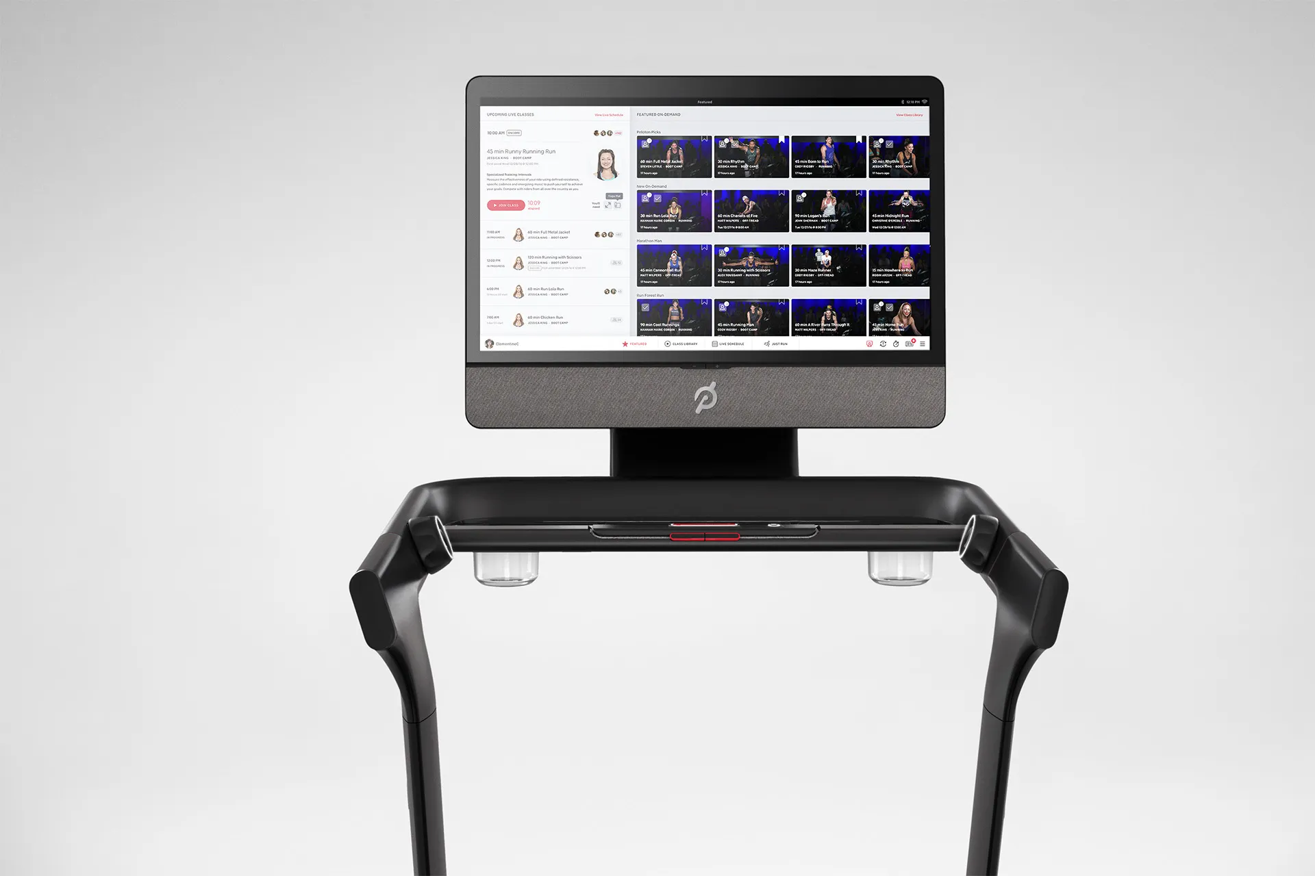 Detail shot of Peloton tread monitor in a white studio environment