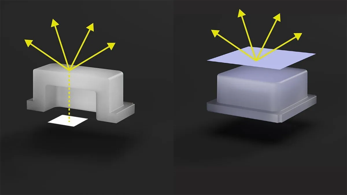 Light transmitting from an LED through a button (left) vs Light emitting from an emissive label on a button (right)