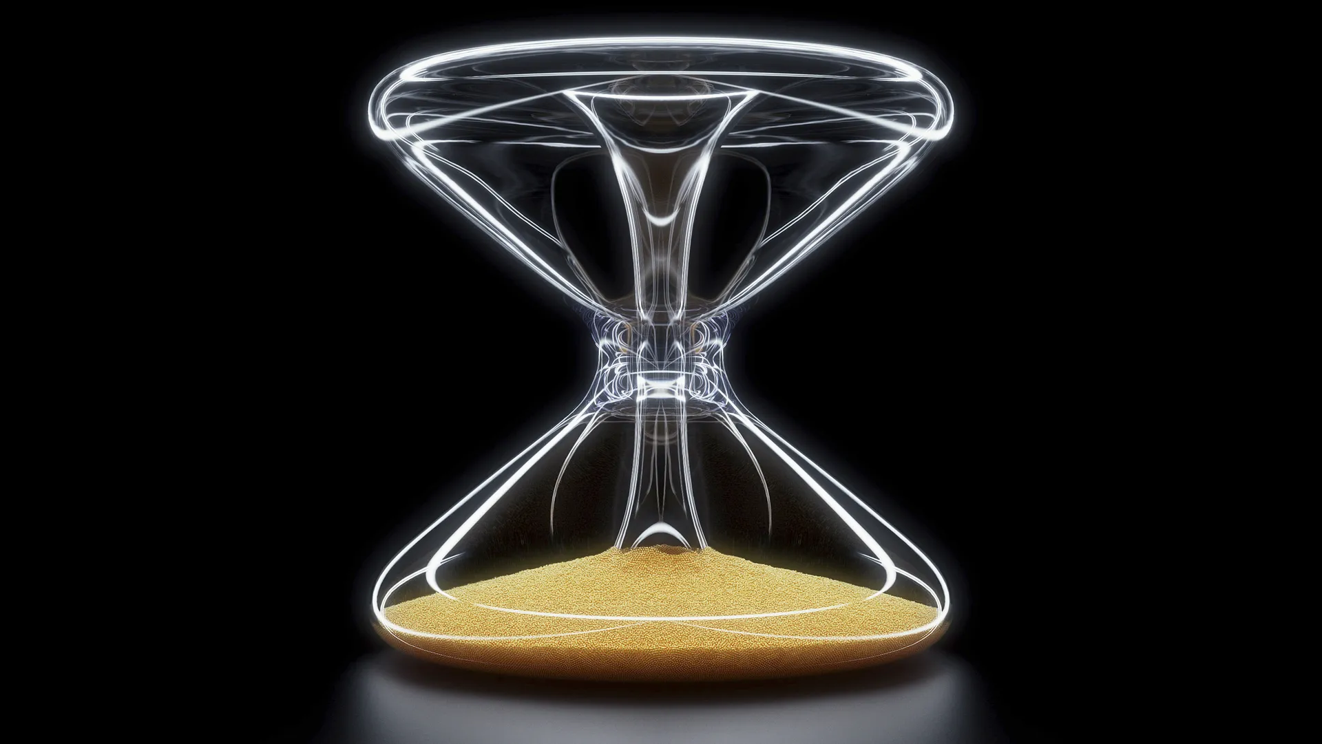 Front view of a luxurious hourglass filled with gold nano balls with tunnel running through the center