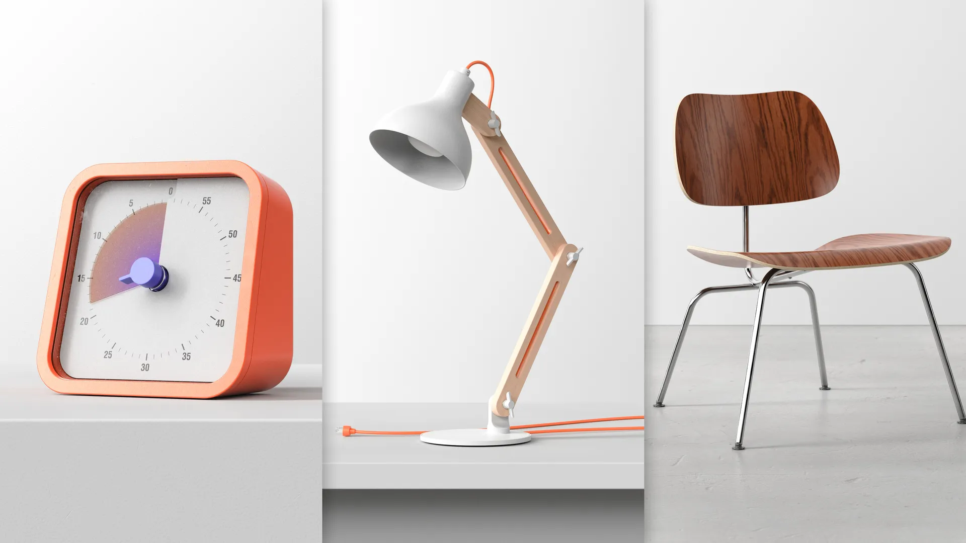 rendering of desktop timer, lamp and Eames LCM chair in white studio backgrounds